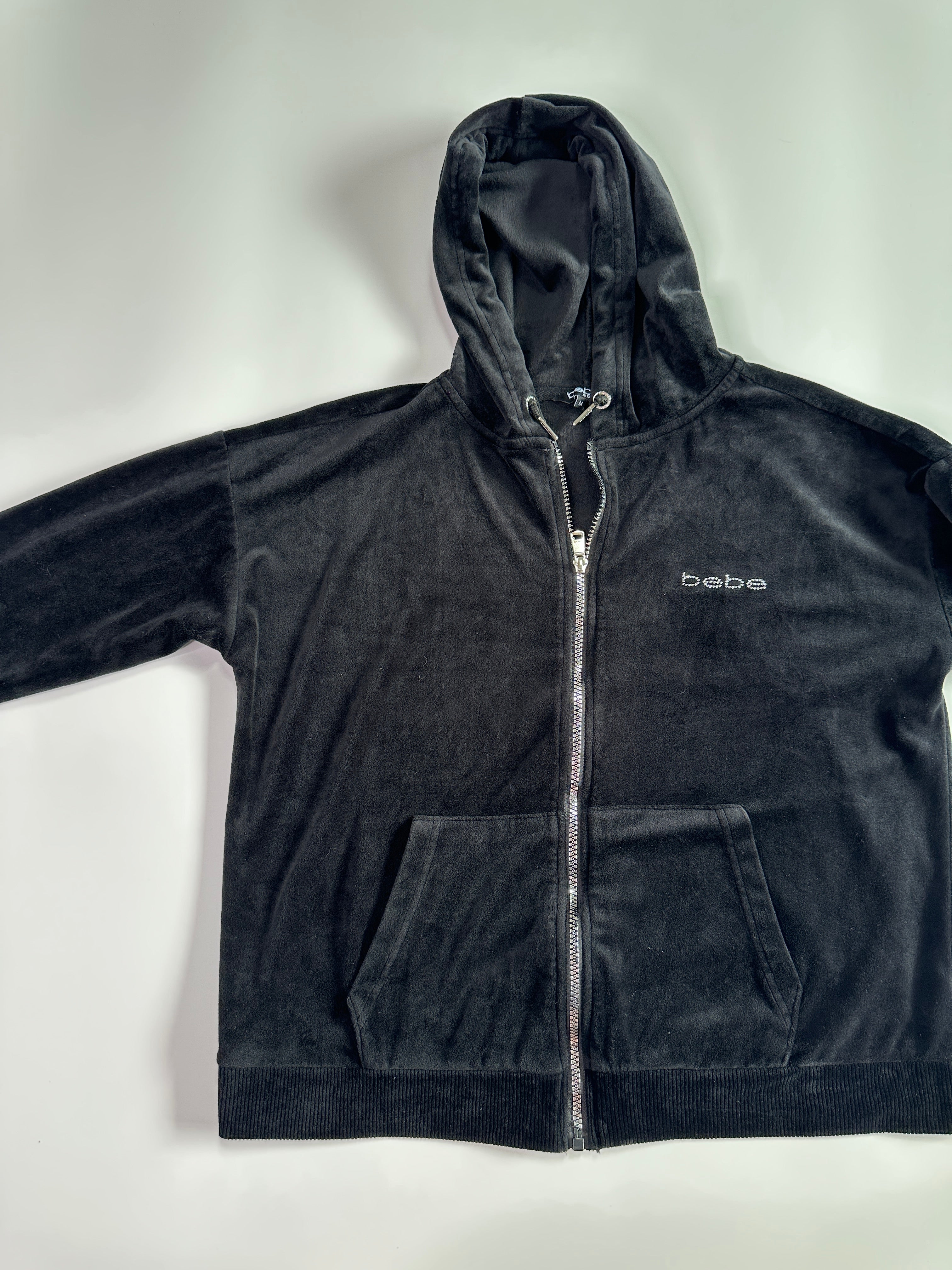 BEBE Black Velour Zipper Hoodie with Rhinestones | M