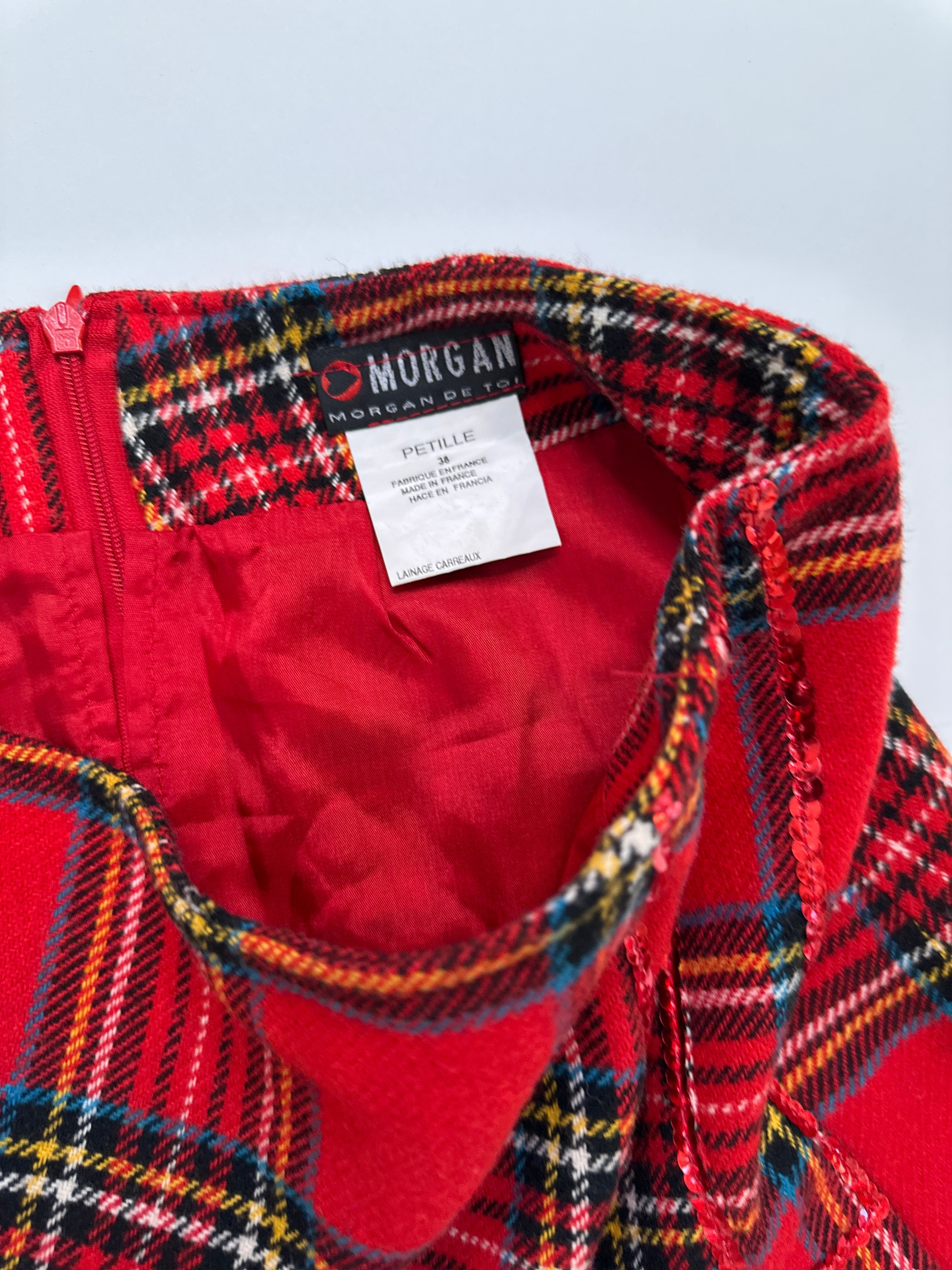 Morgan De Toi | Wool Blend Tartin Red Sequin Skirt 10