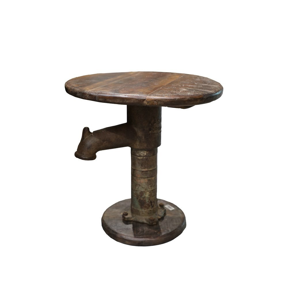 Iron & Teak side tables with Original cast iron water pump base.