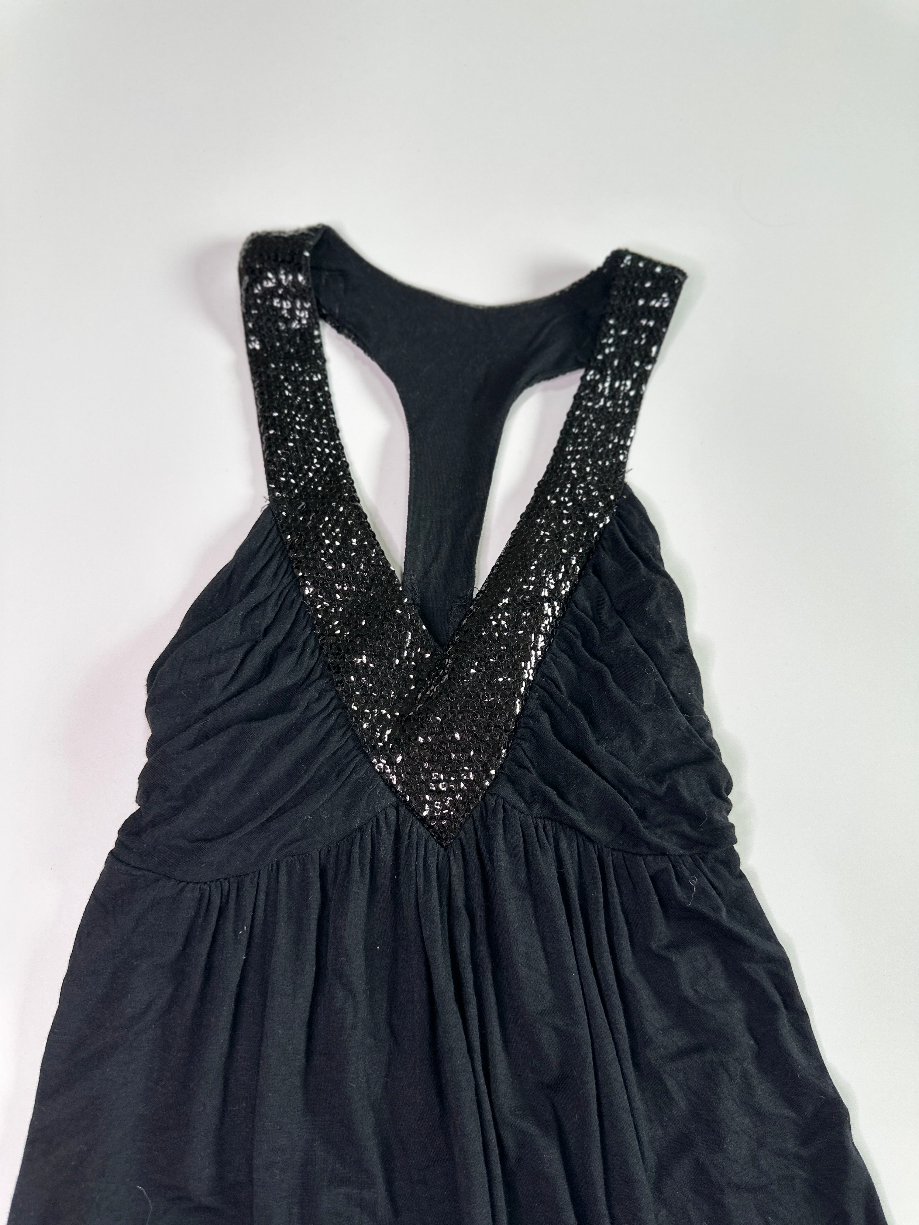 FOSSI Black Racerback Gathered V Neck Sequin Top | 8