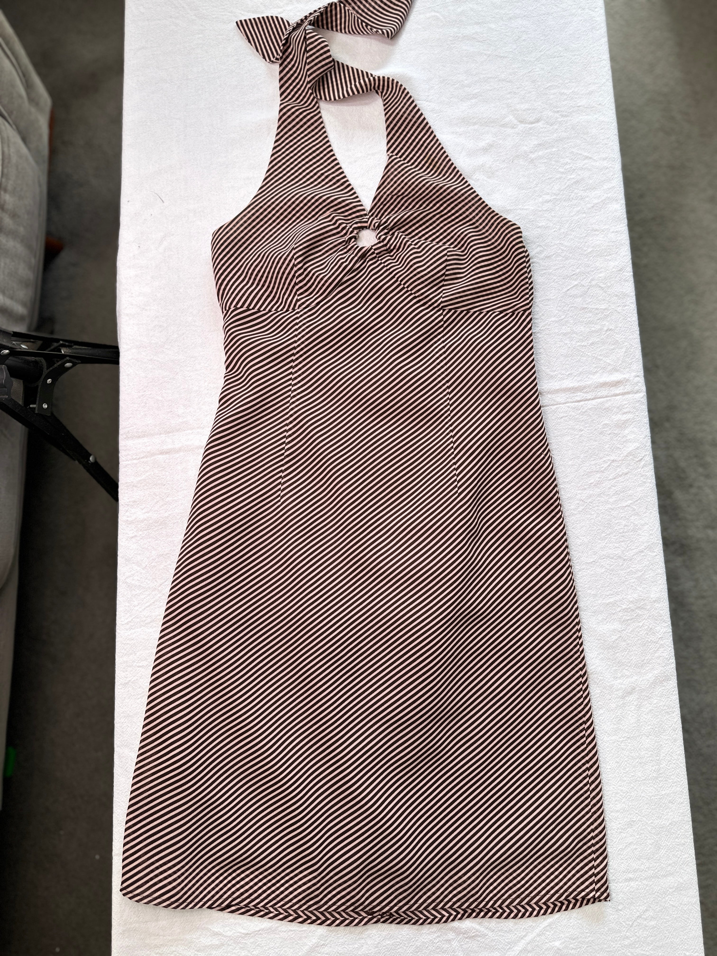 BROWN & PINK/BEIGE STRIPE HALTER NECK DRESS | 8