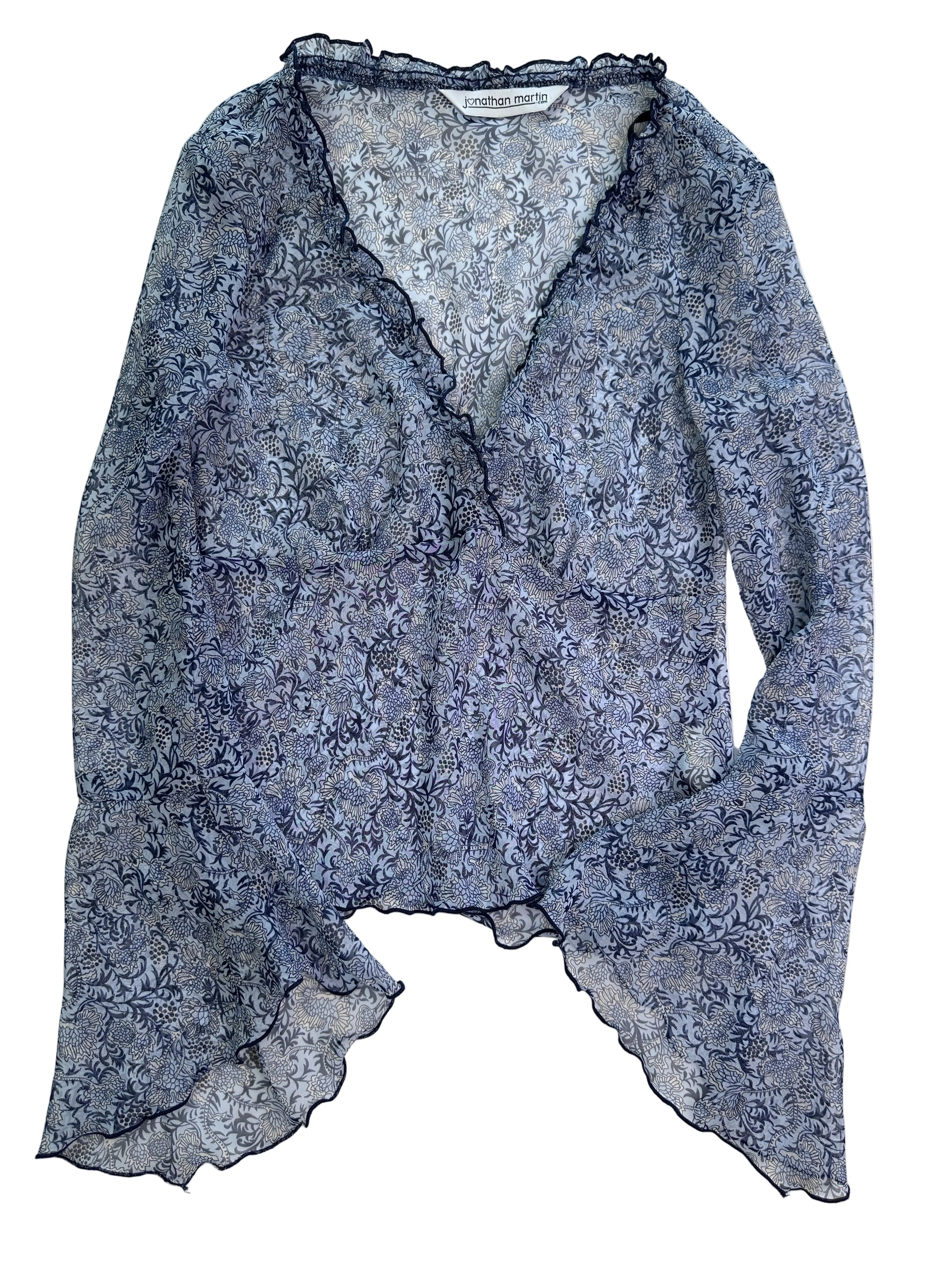 JONATHAN MARTIN | USA Paisley Blue Sheer Bell Sleeve Top | 8-10