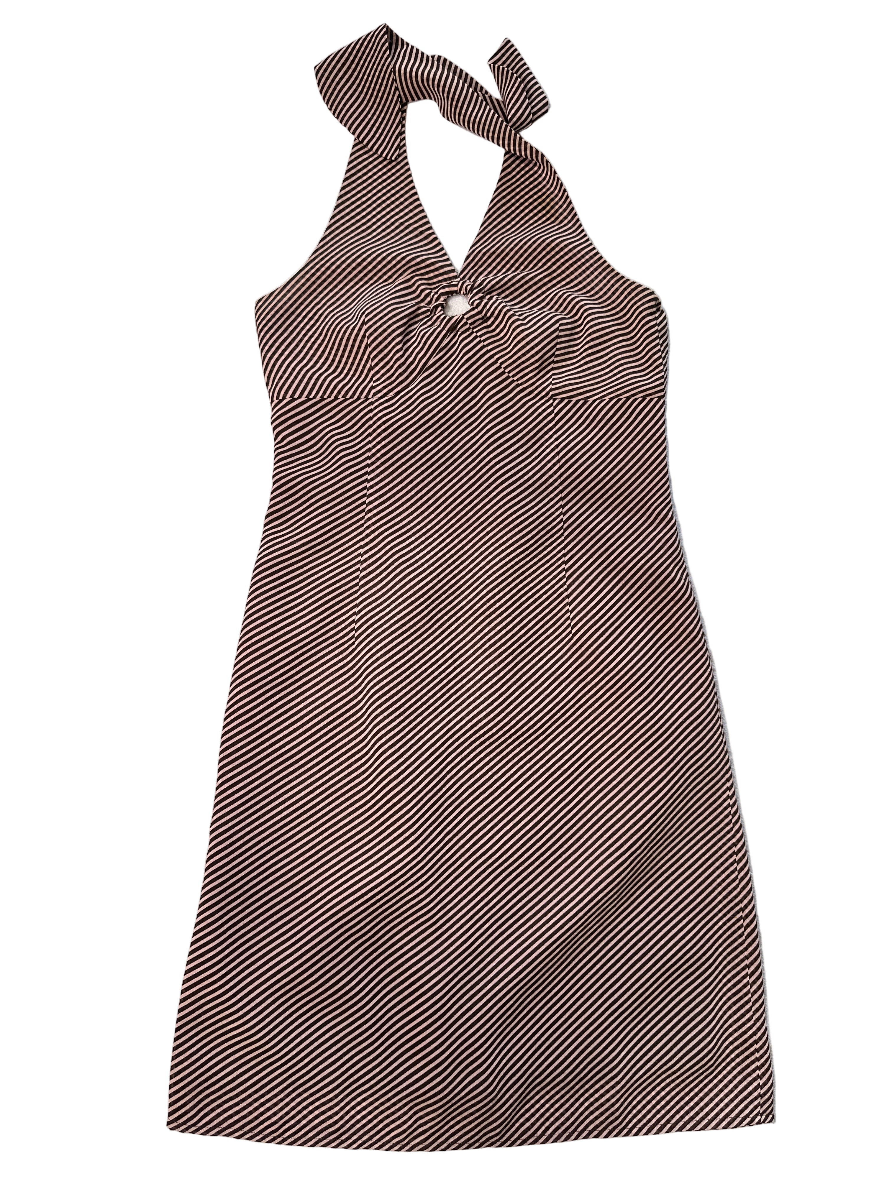 BROWN & PINK/BEIGE STRIPE HALTER NECK DRESS | 8