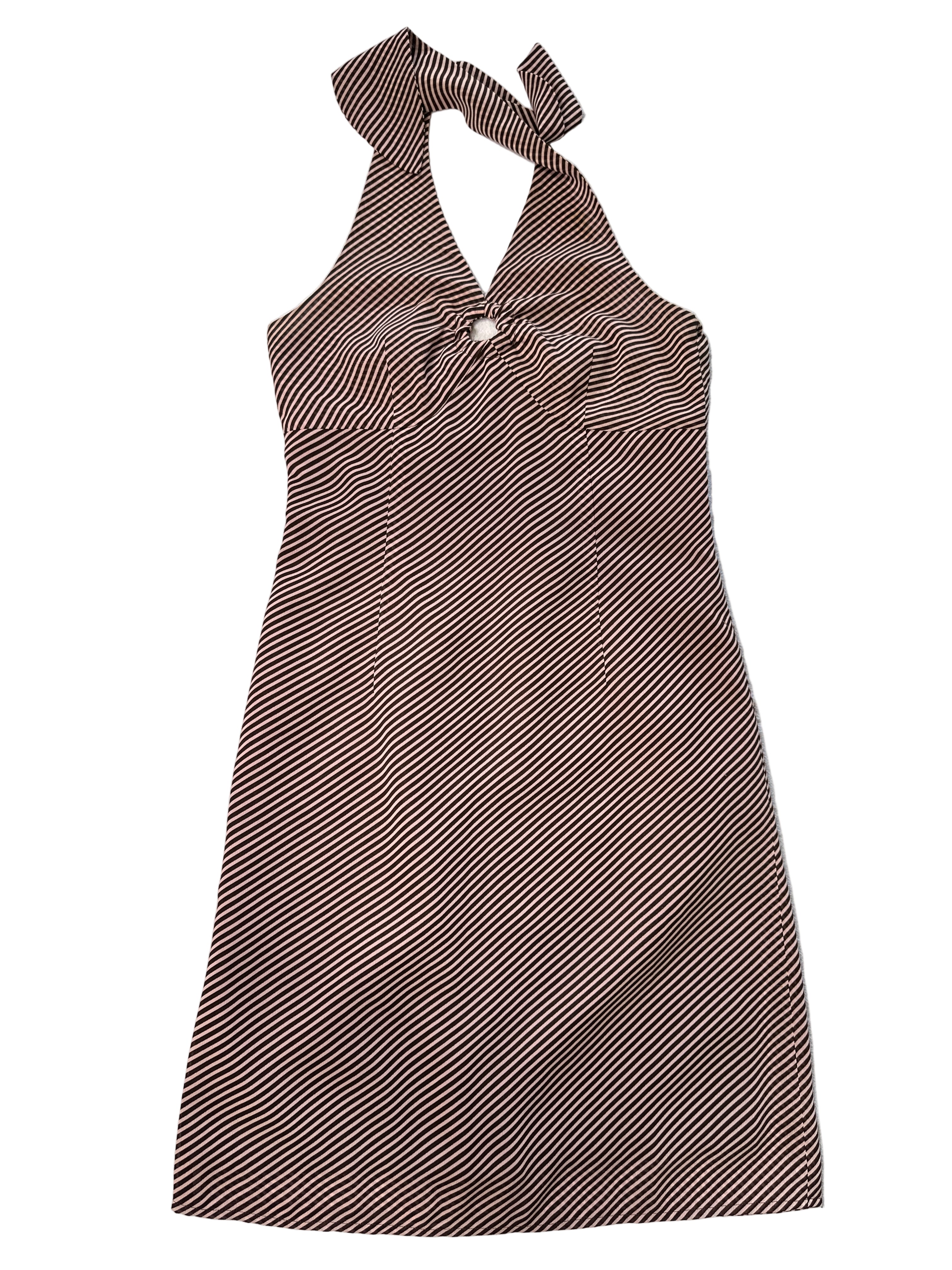 BROWN & PINK/BEIGE STRIPE HALTER NECK DRESS | 8