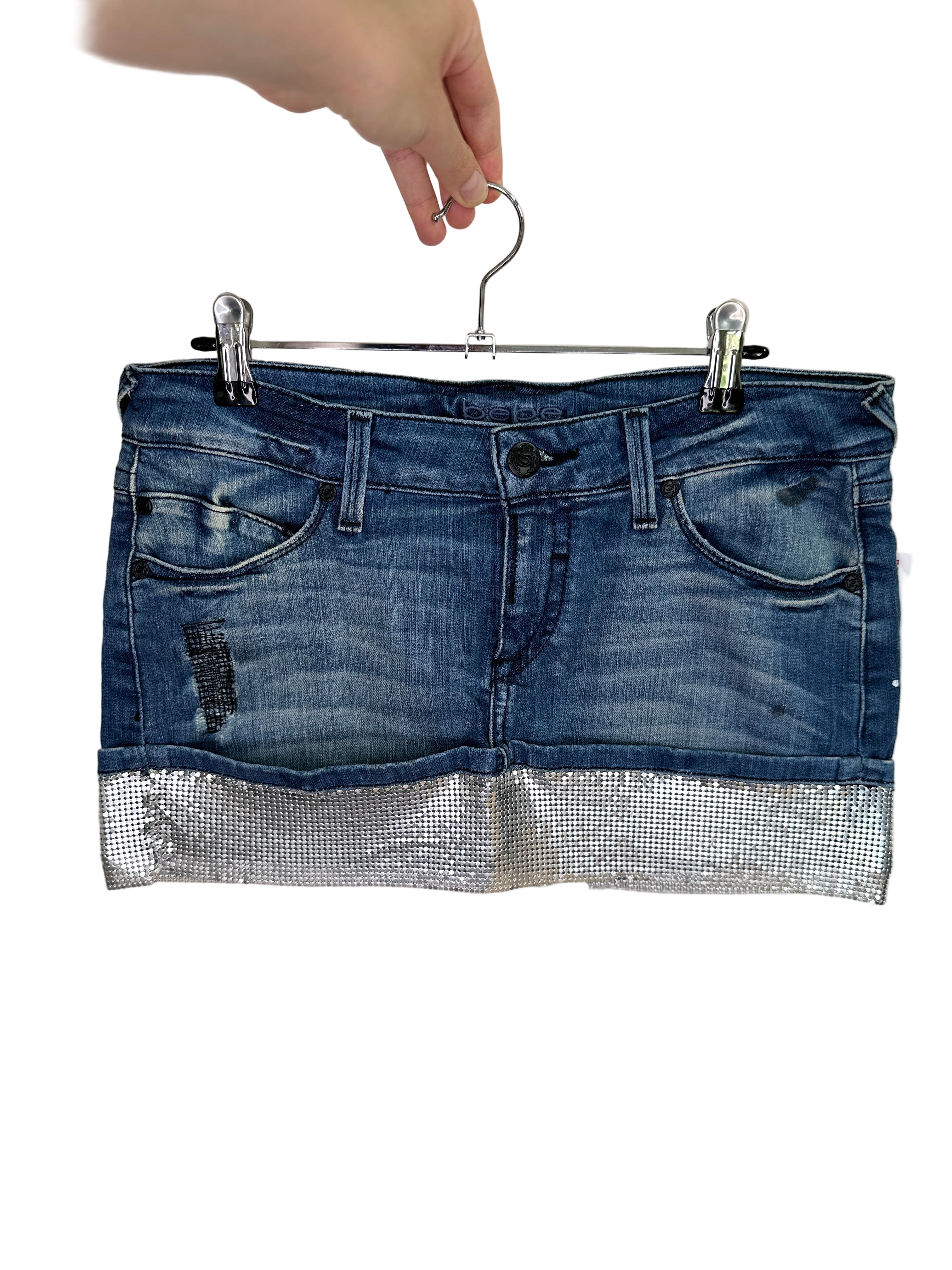 BEBE Denim Mini Skirt with Chain Trim | 8