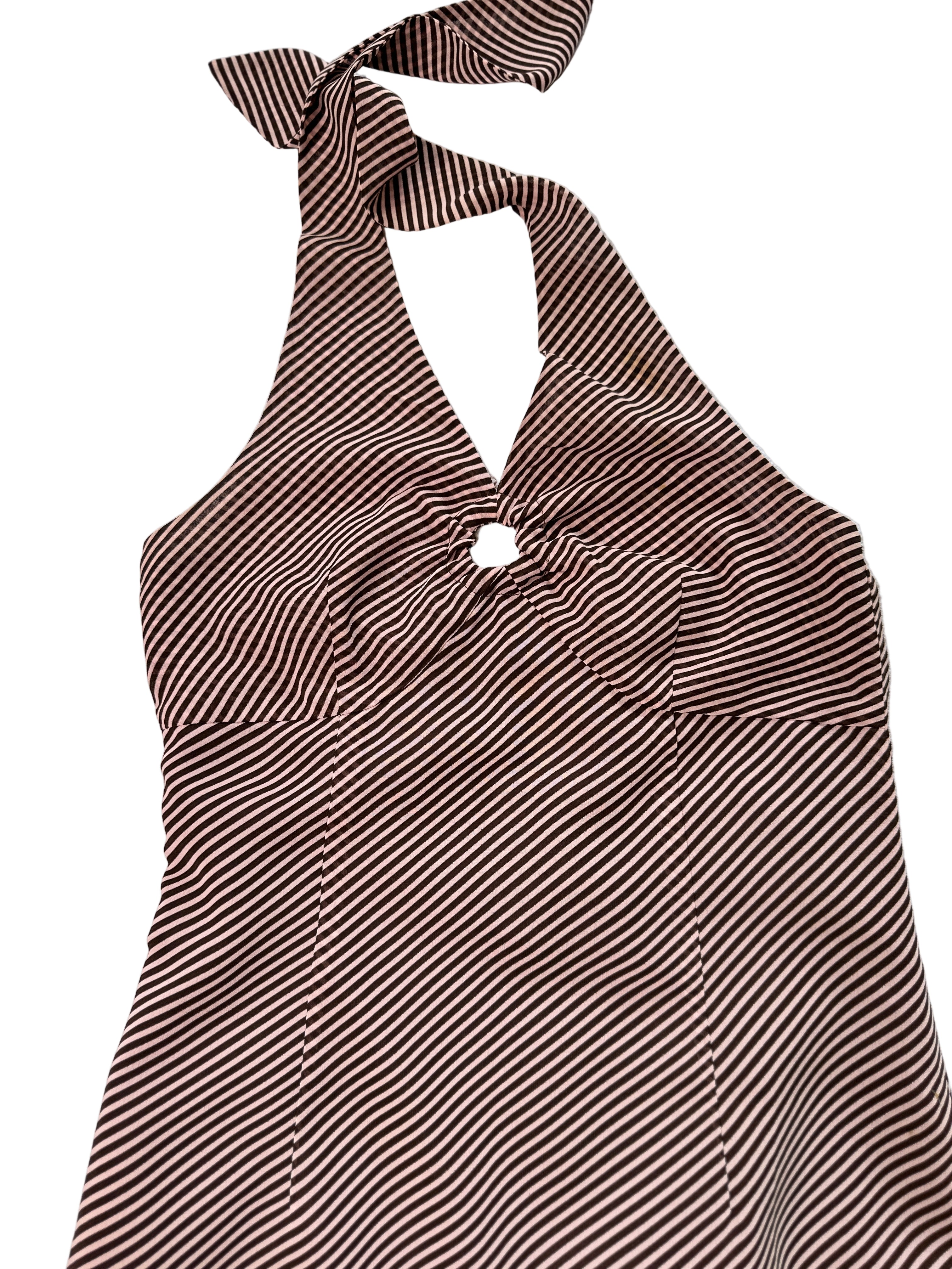 BROWN & PINK/BEIGE STRIPE HALTER NECK DRESS | 8