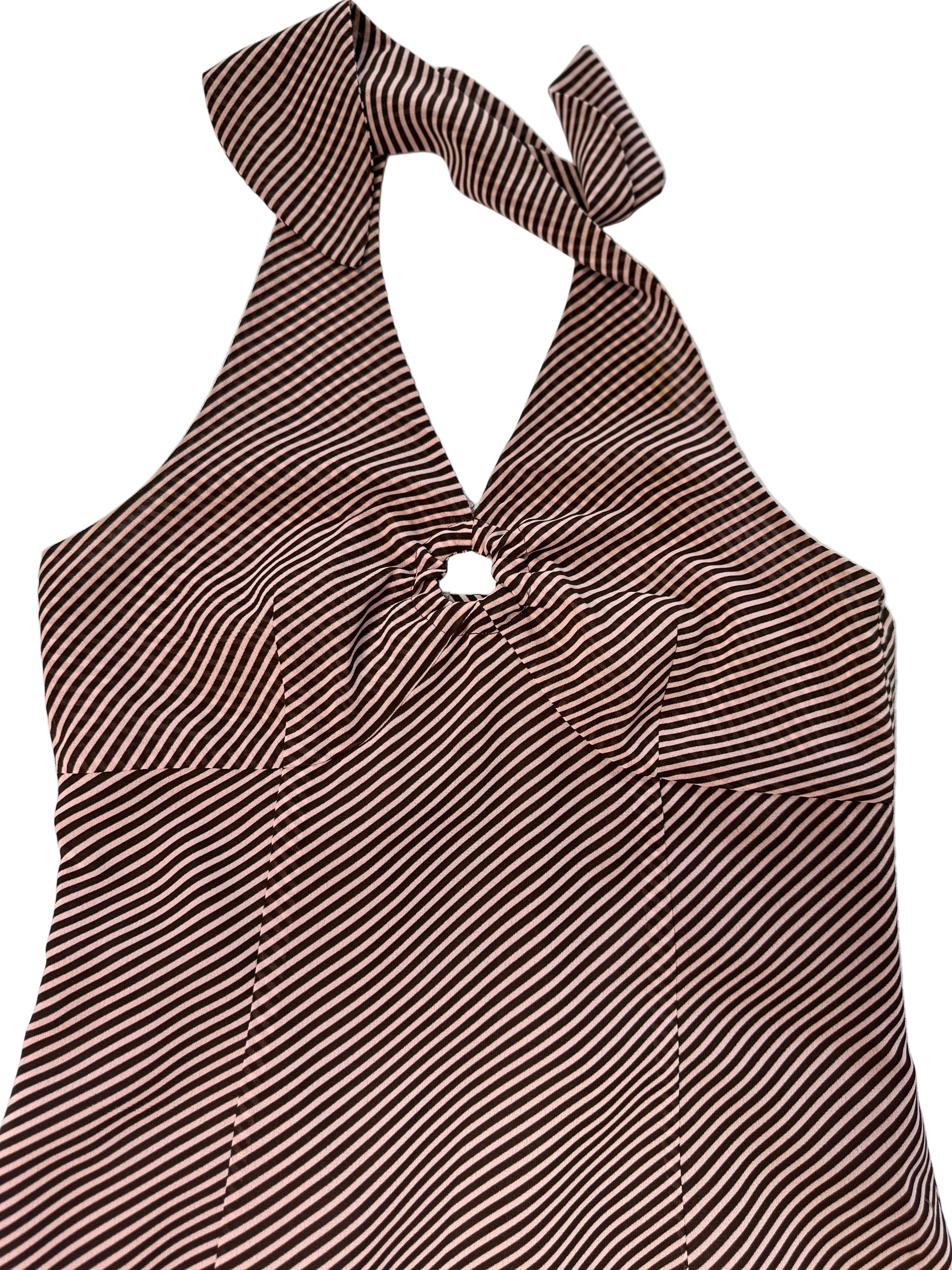 BROWN & PINK/BEIGE STRIPE HALTER NECK DRESS | 8