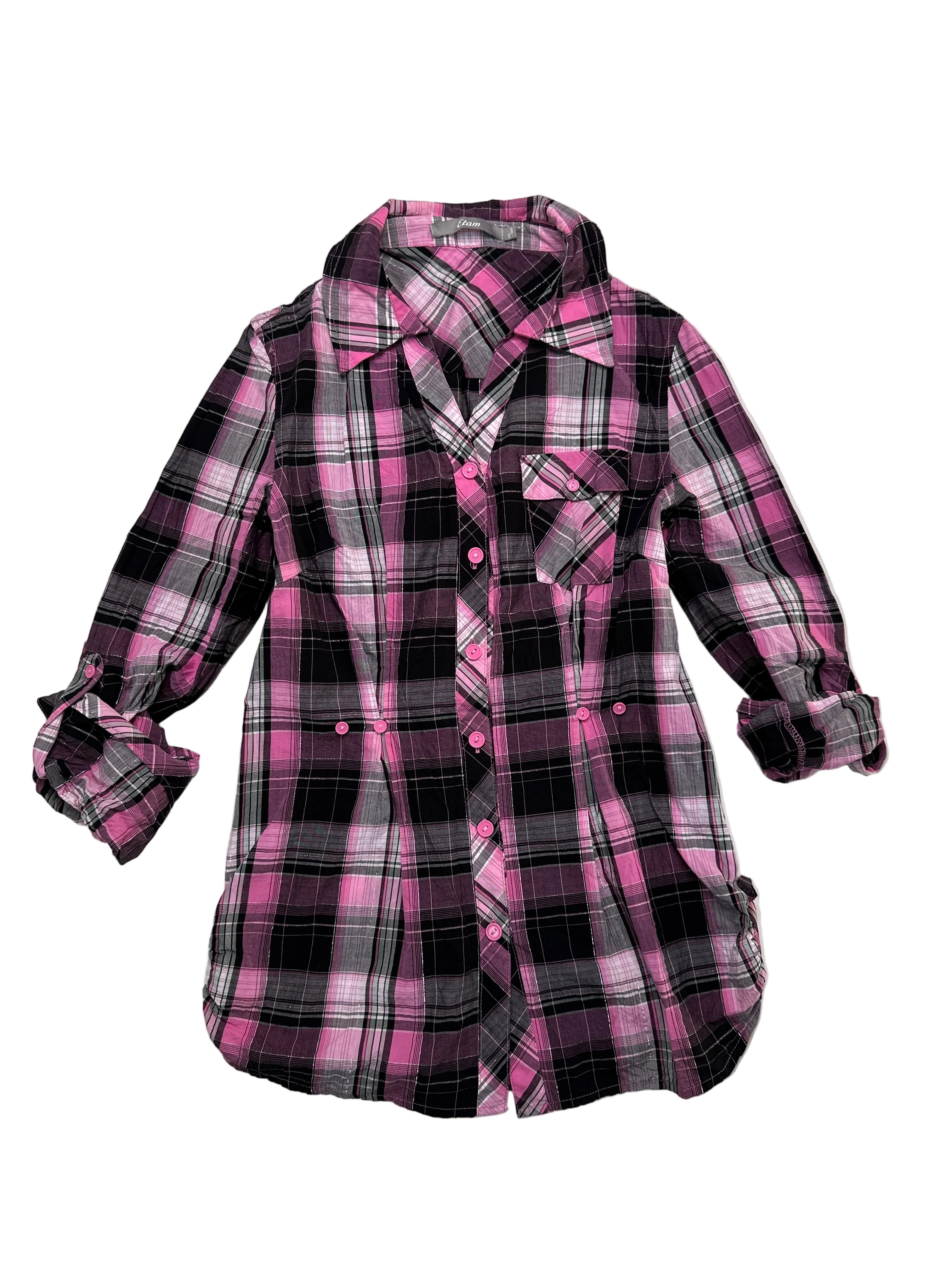 Etam | Pink Black & Silver Plaid Button Up | 6-8