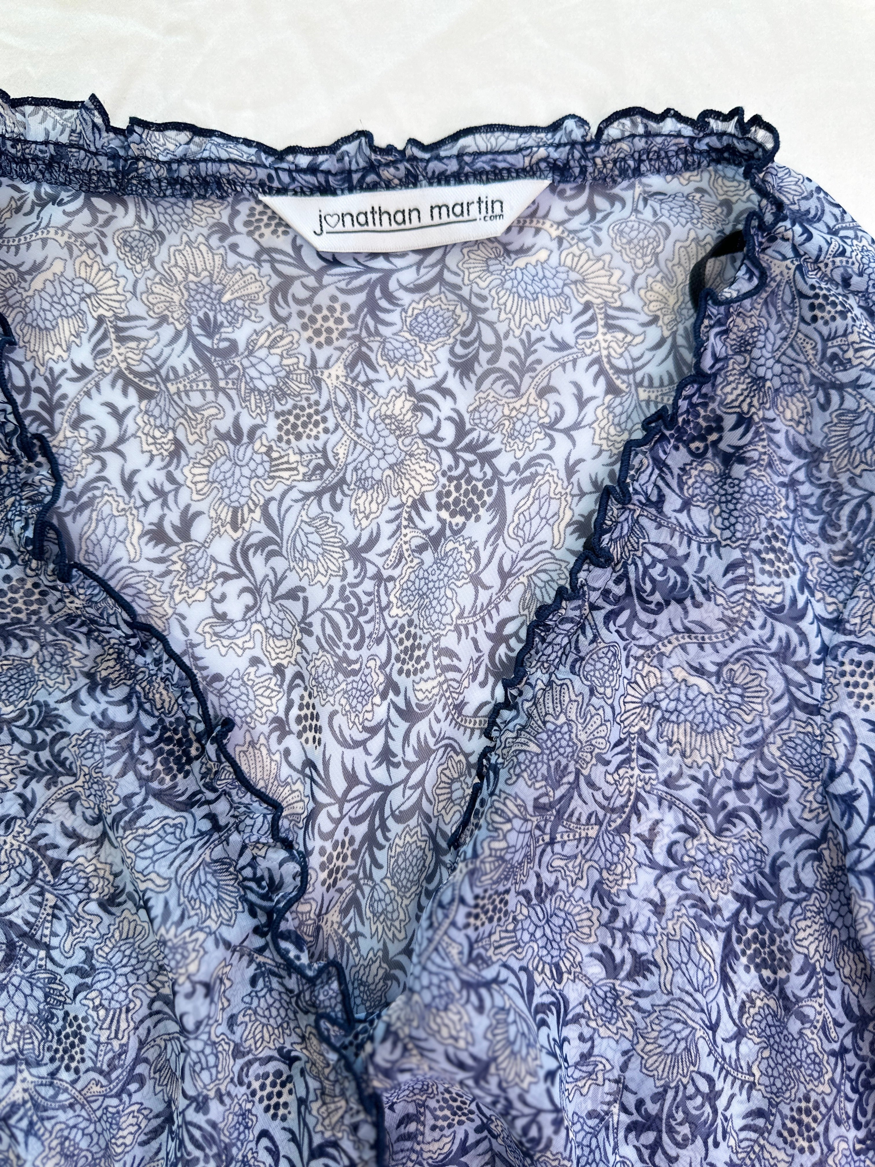 JONATHAN MARTIN | USA Paisley Blue Sheer Bell Sleeve Top | 8-10