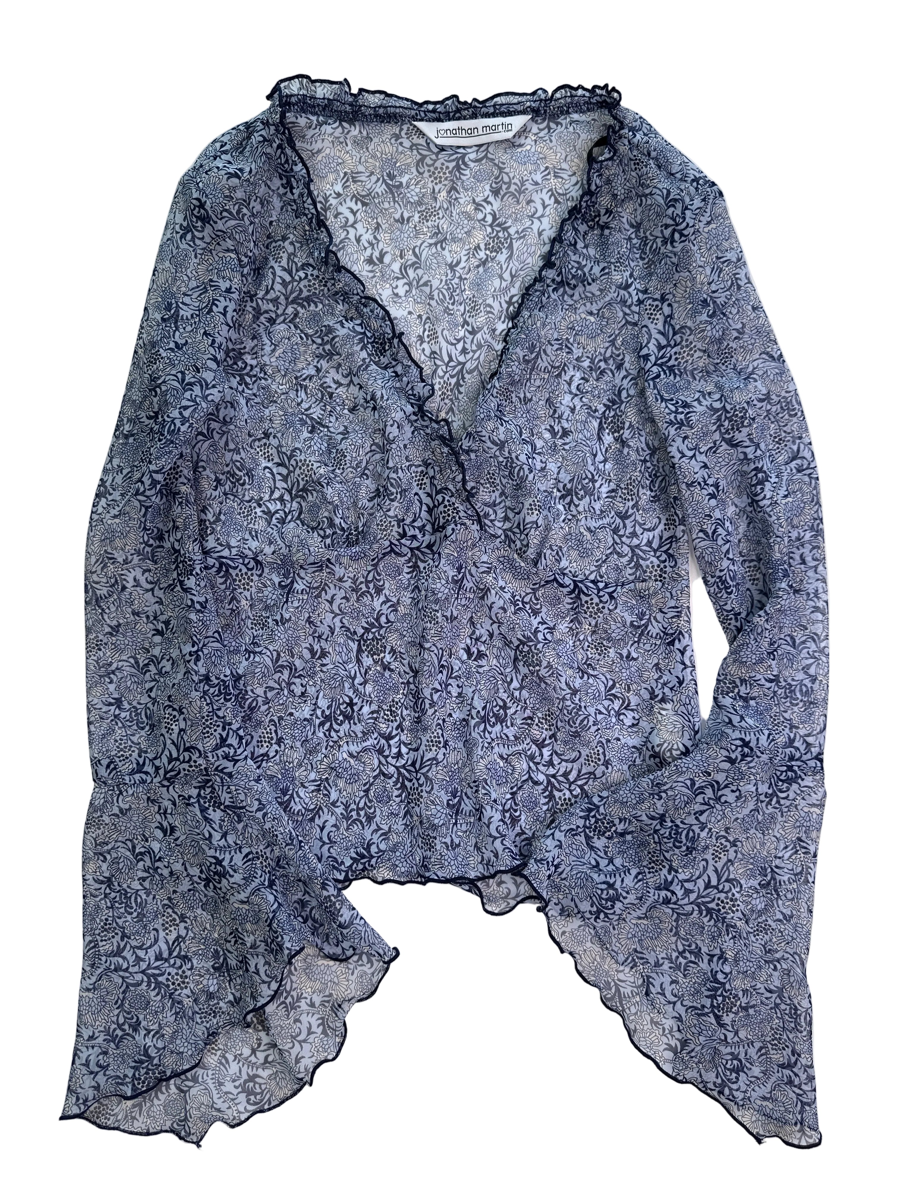 JONATHAN MARTIN | USA Paisley Blue Sheer Bell Sleeve Top | 8-10