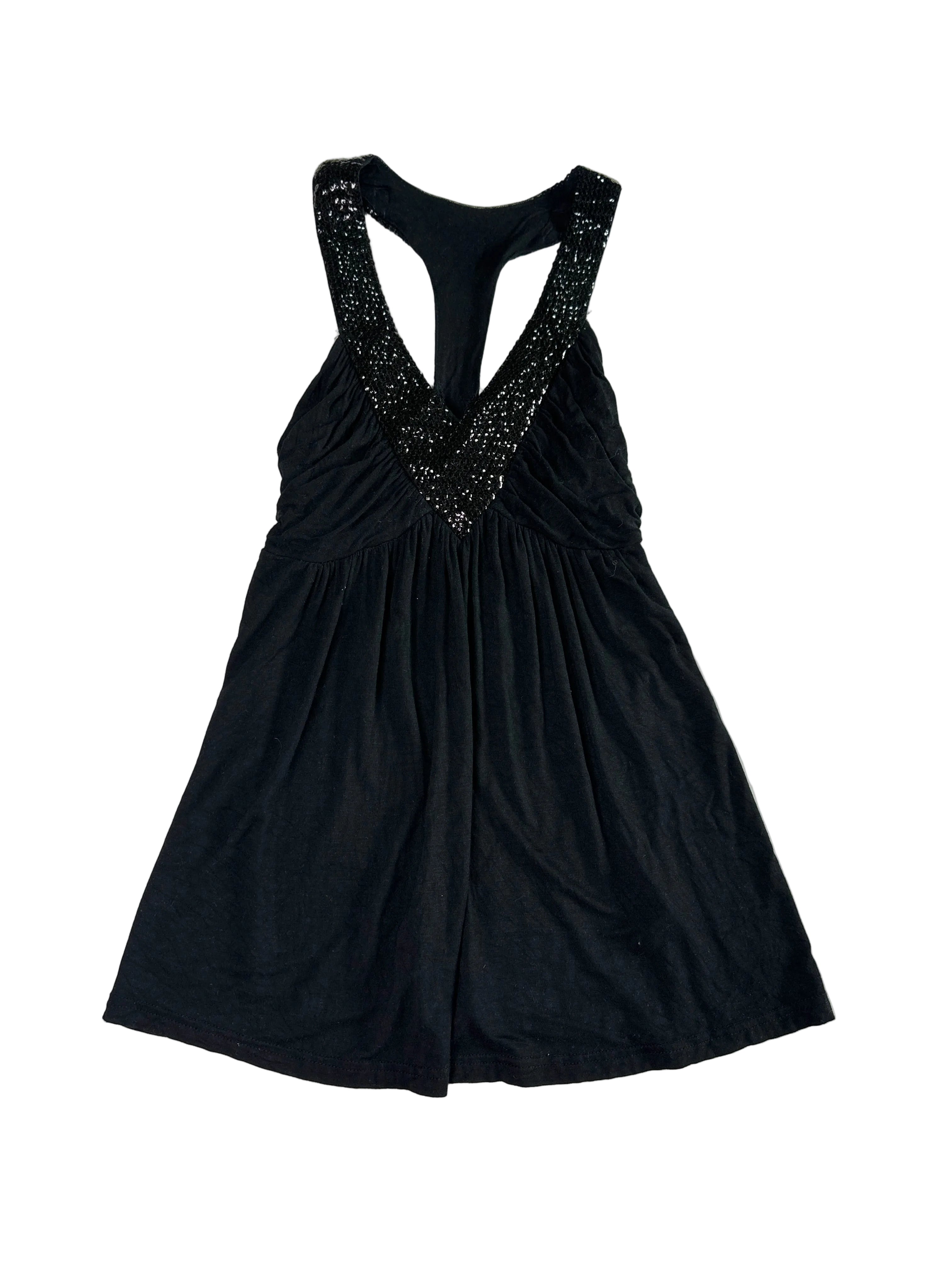 FOSSI Black Racerback Gathered V Neck Sequin Top | 8