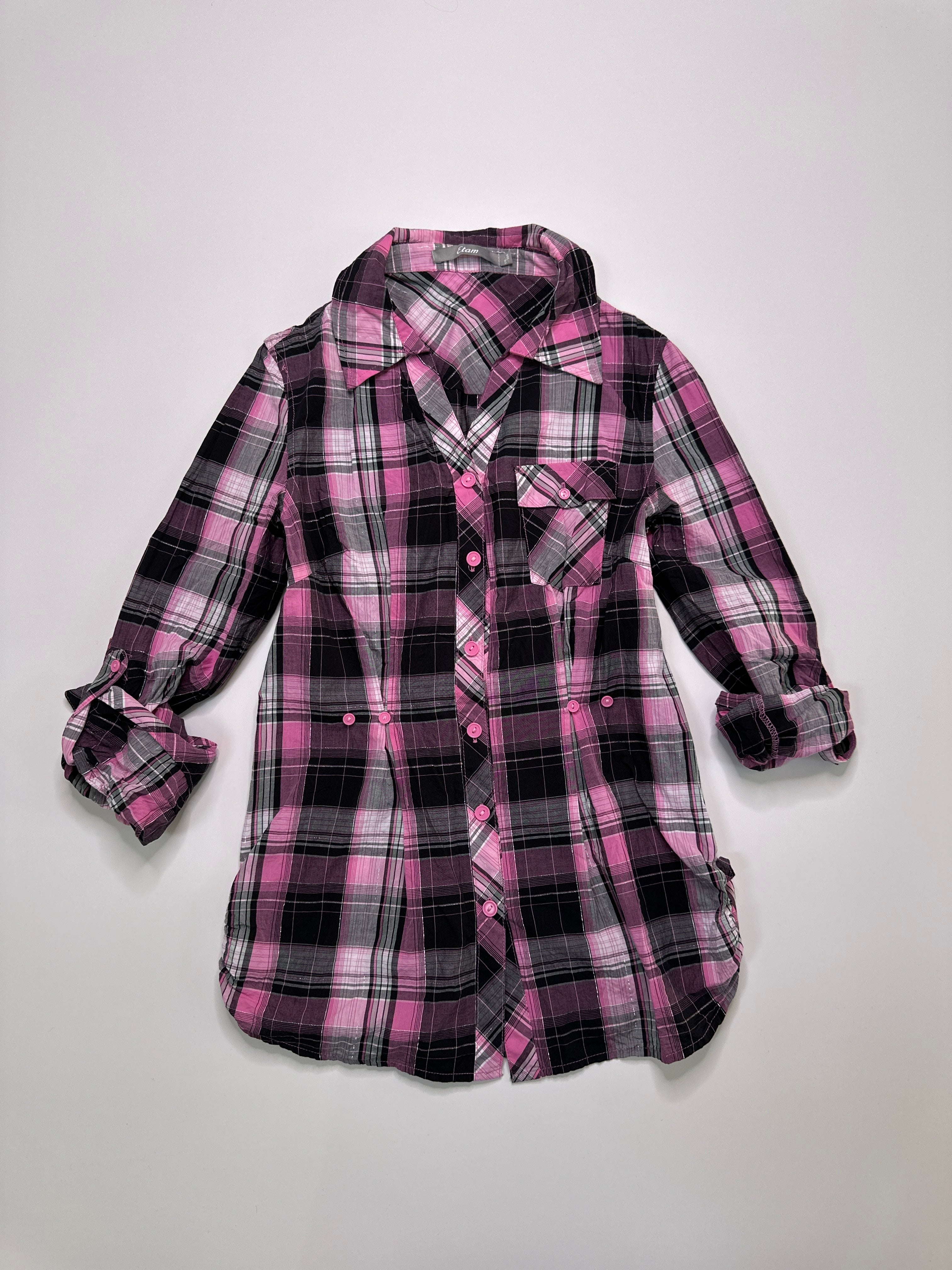 Etam | Pink Black & Silver Plaid Button Up | 6-8