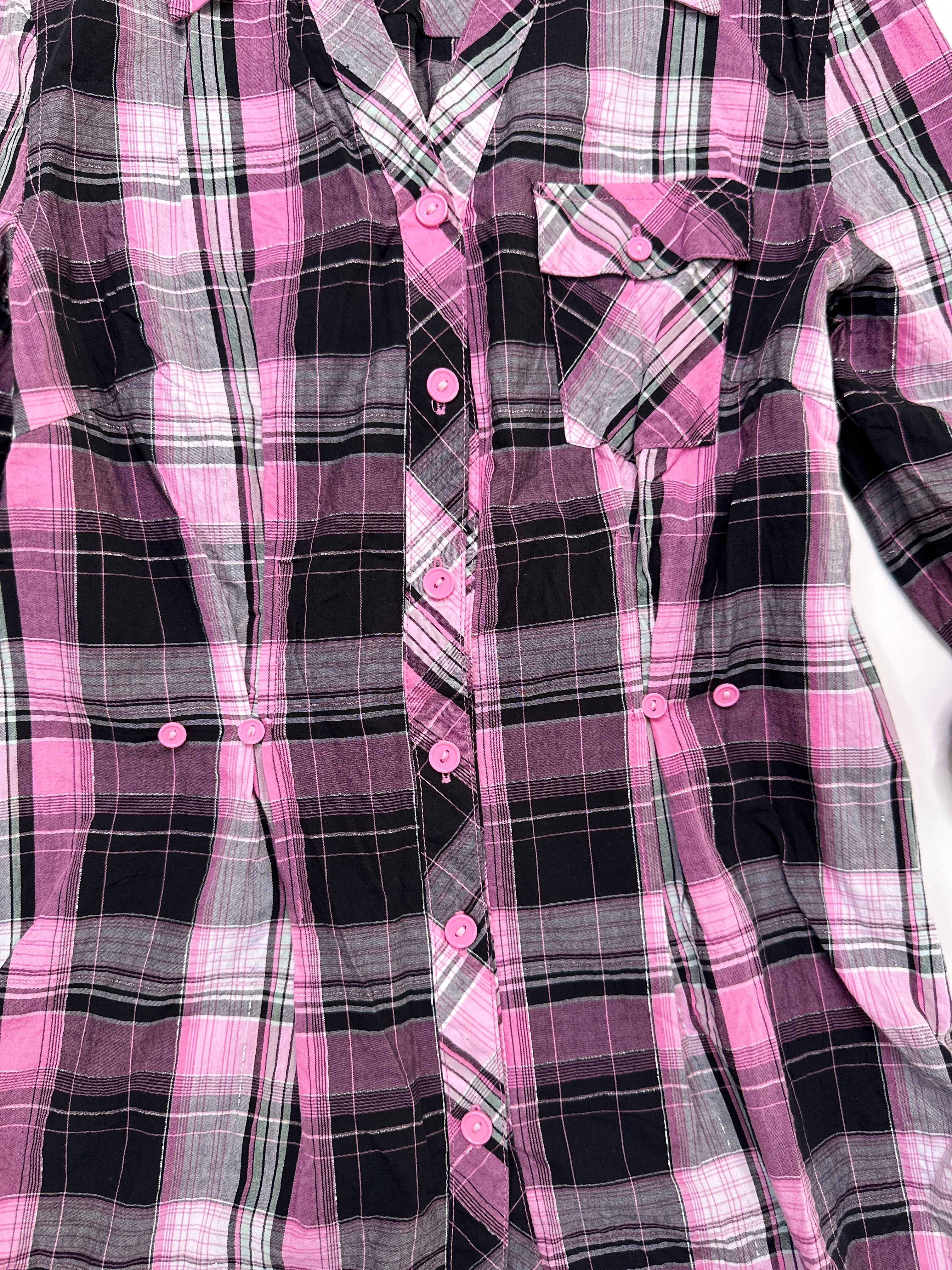 Etam | Pink Black & Silver Plaid Button Up | 6-8