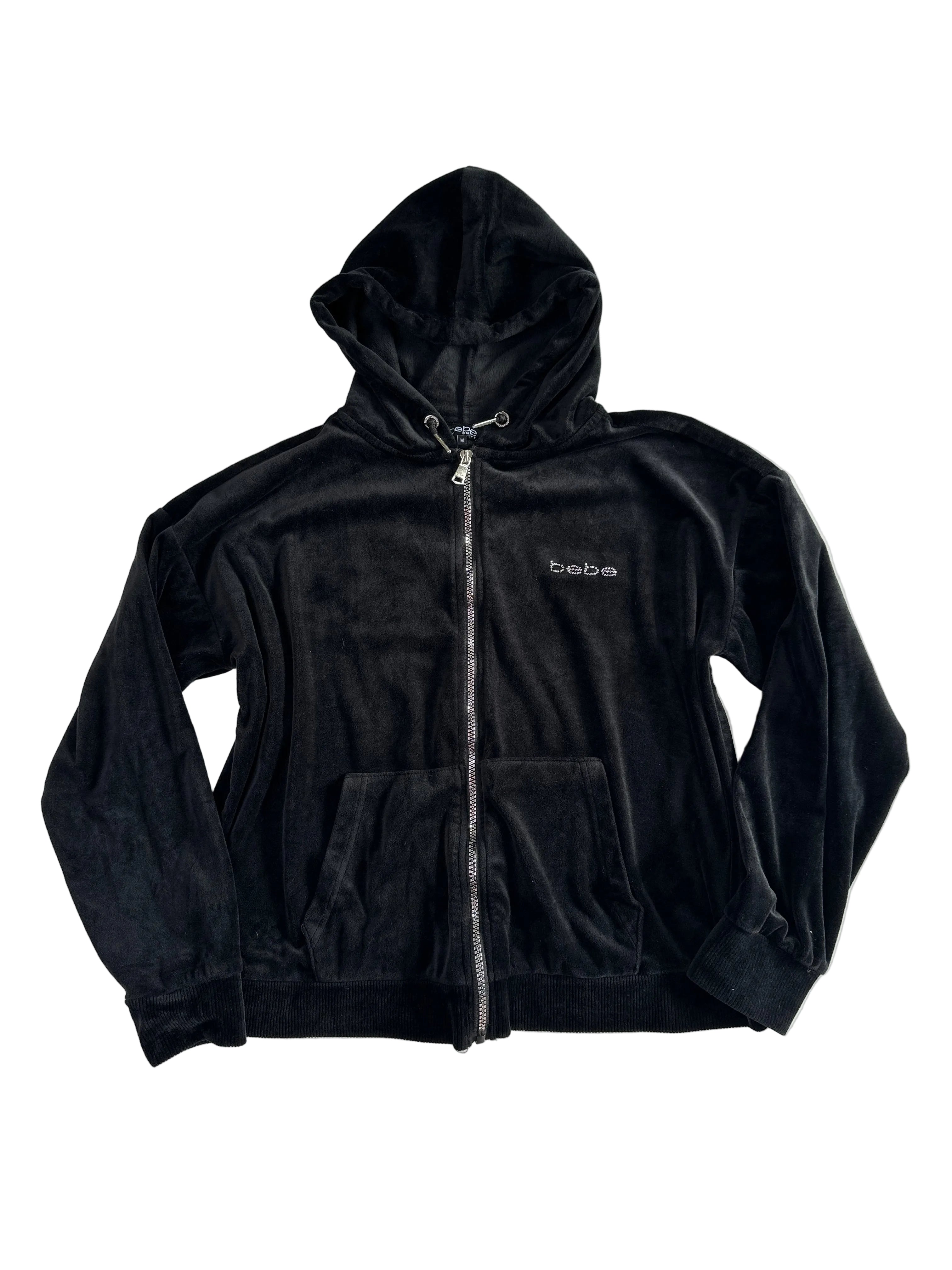 BEBE Black Velour Zipper Hoodie with Rhinestones | M
