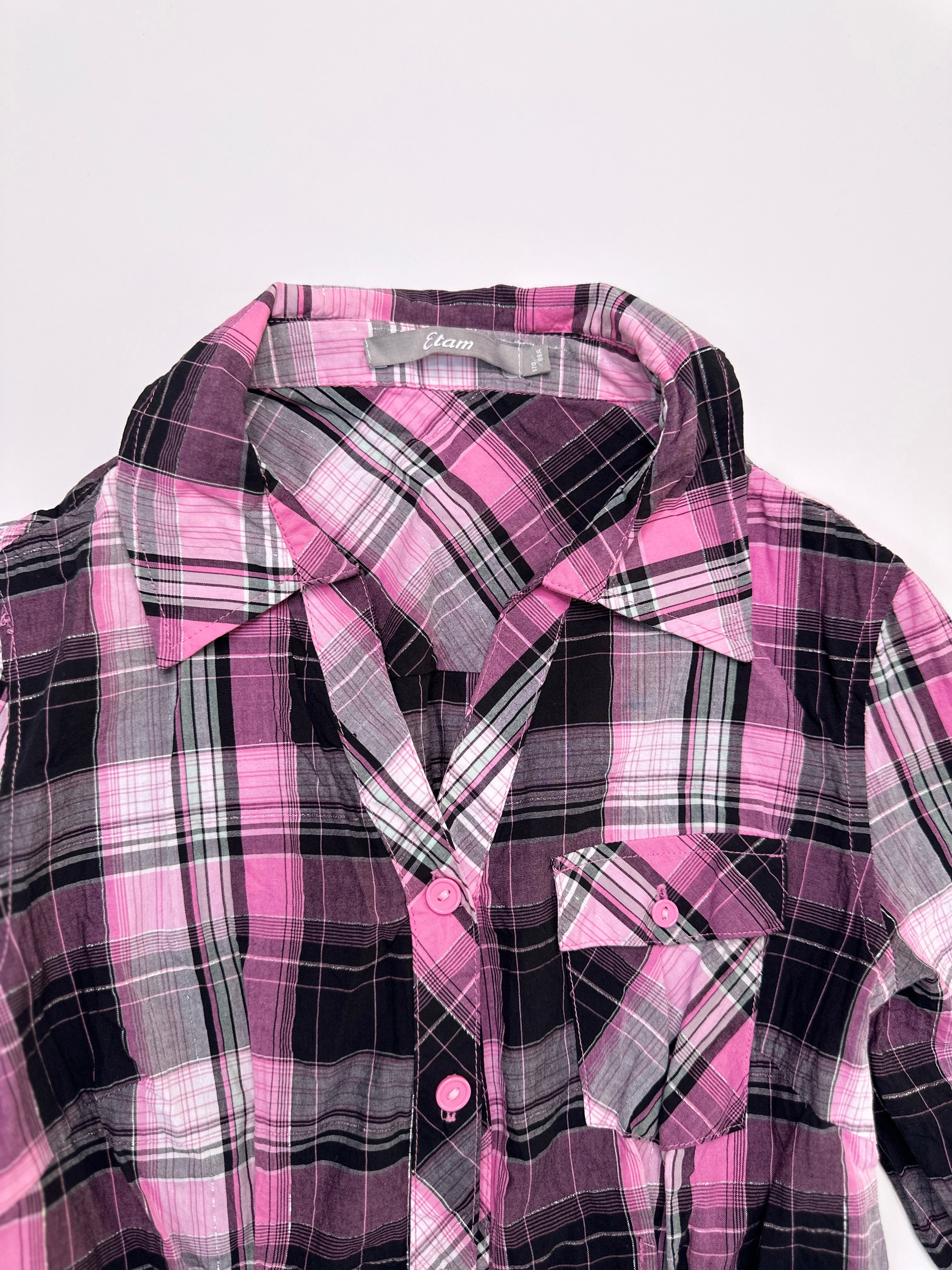 Etam | Pink Black & Silver Plaid Button Up | 6-8