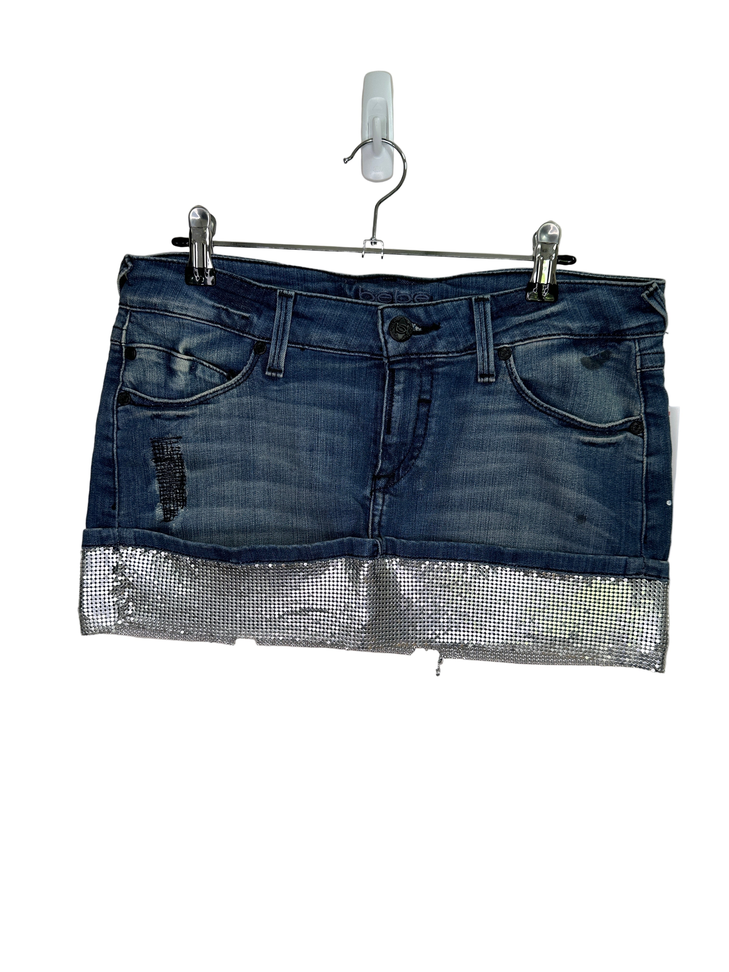 BEBE Denim Mini Skirt with Chain Trim | 8