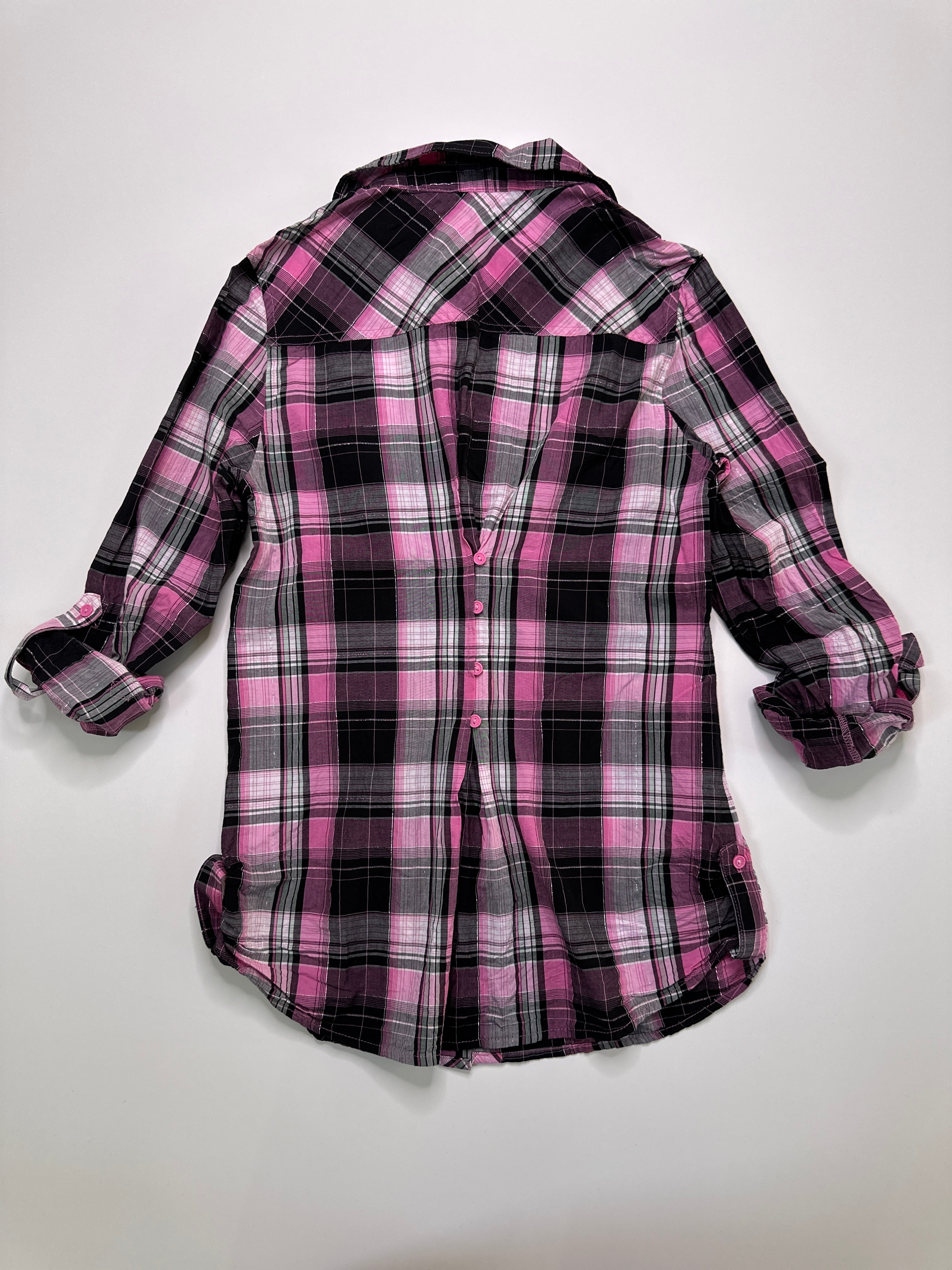 Etam | Pink Black & Silver Plaid Button Up | 6-8